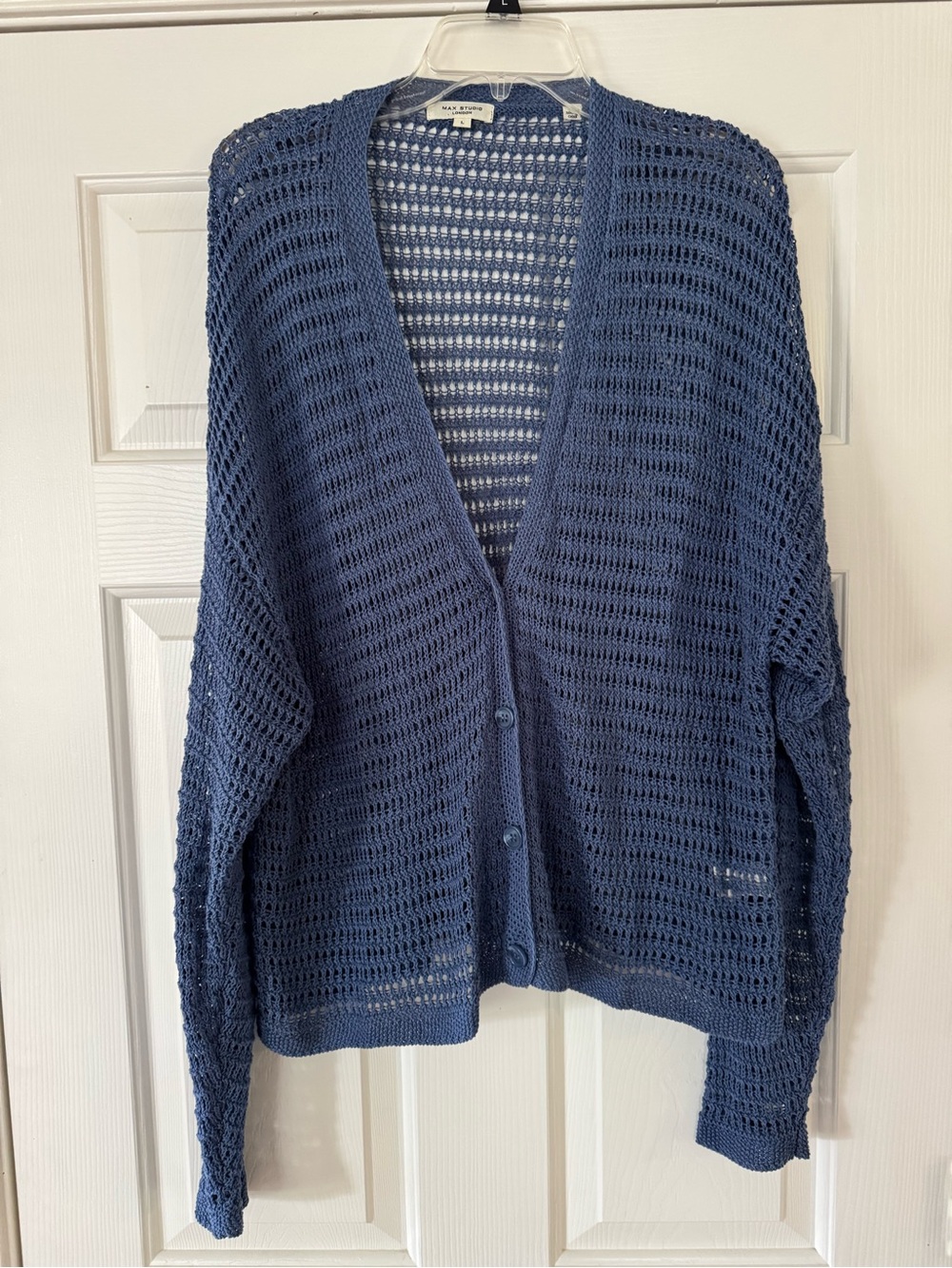 Max Studio Open-Knit Denim Blue Button Cardigan size large